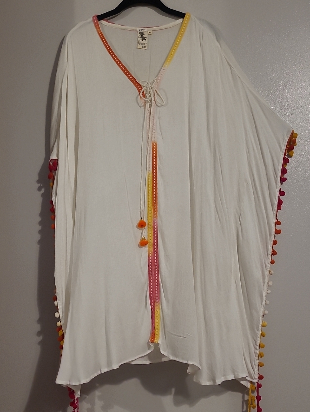 Violet Sky White Kaftan Kimono Beach Swimsuit Cover-up Colorful PomPoms XL - Picture 2 of 12